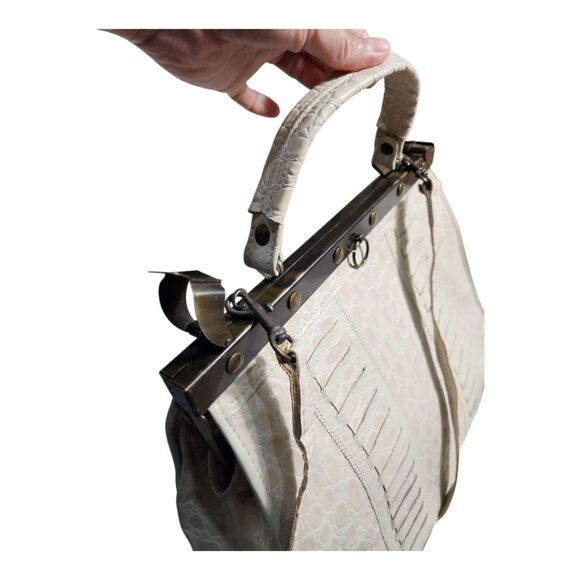 VINTAGE Croc Embossed Doctor Bag Satchel - Cream Beige Frame Handbag - Crossbody - Picture 11 of 14